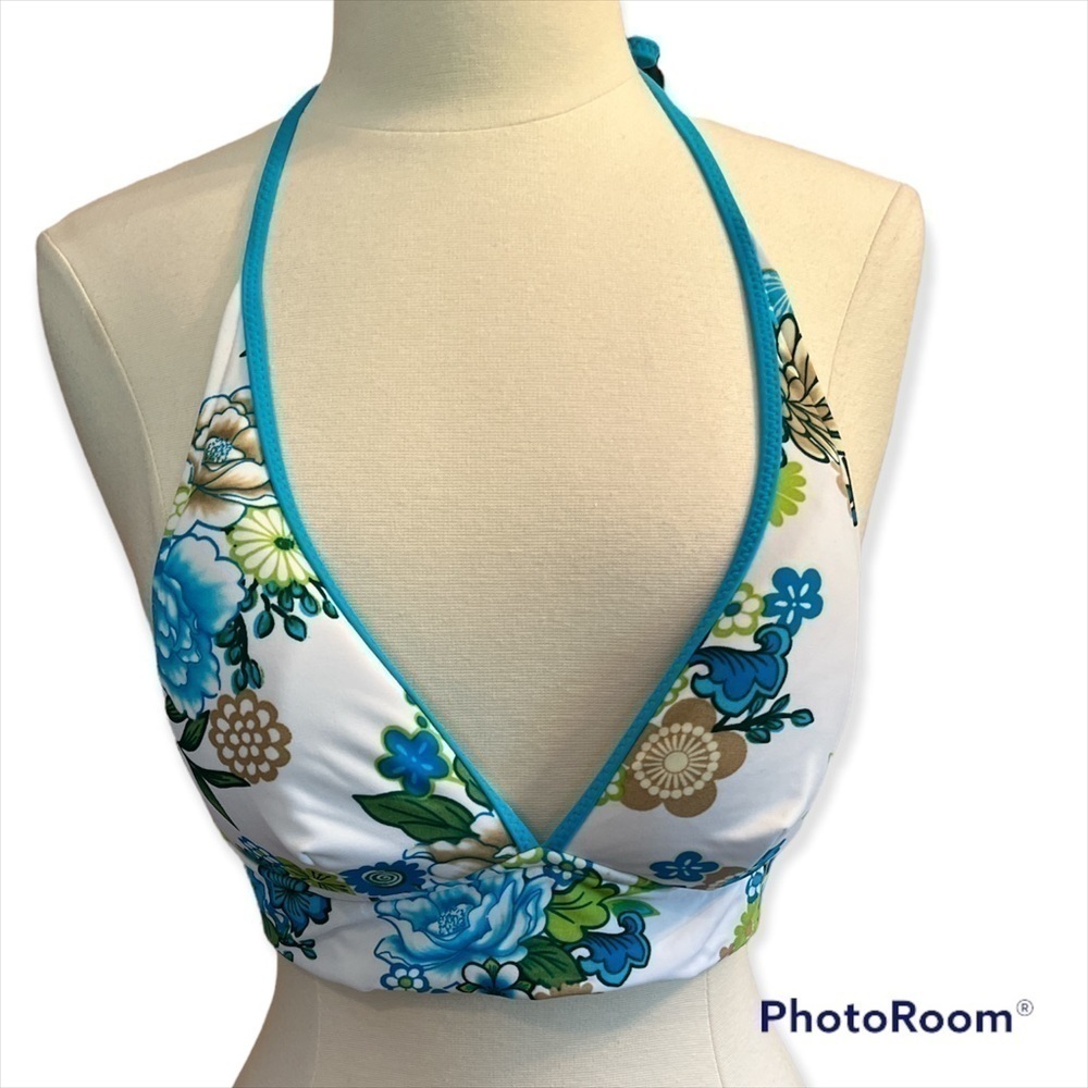 INC White Bright Blue Floral Halter Tie Not Padded Bikini Top Size 8‌‌‌‌